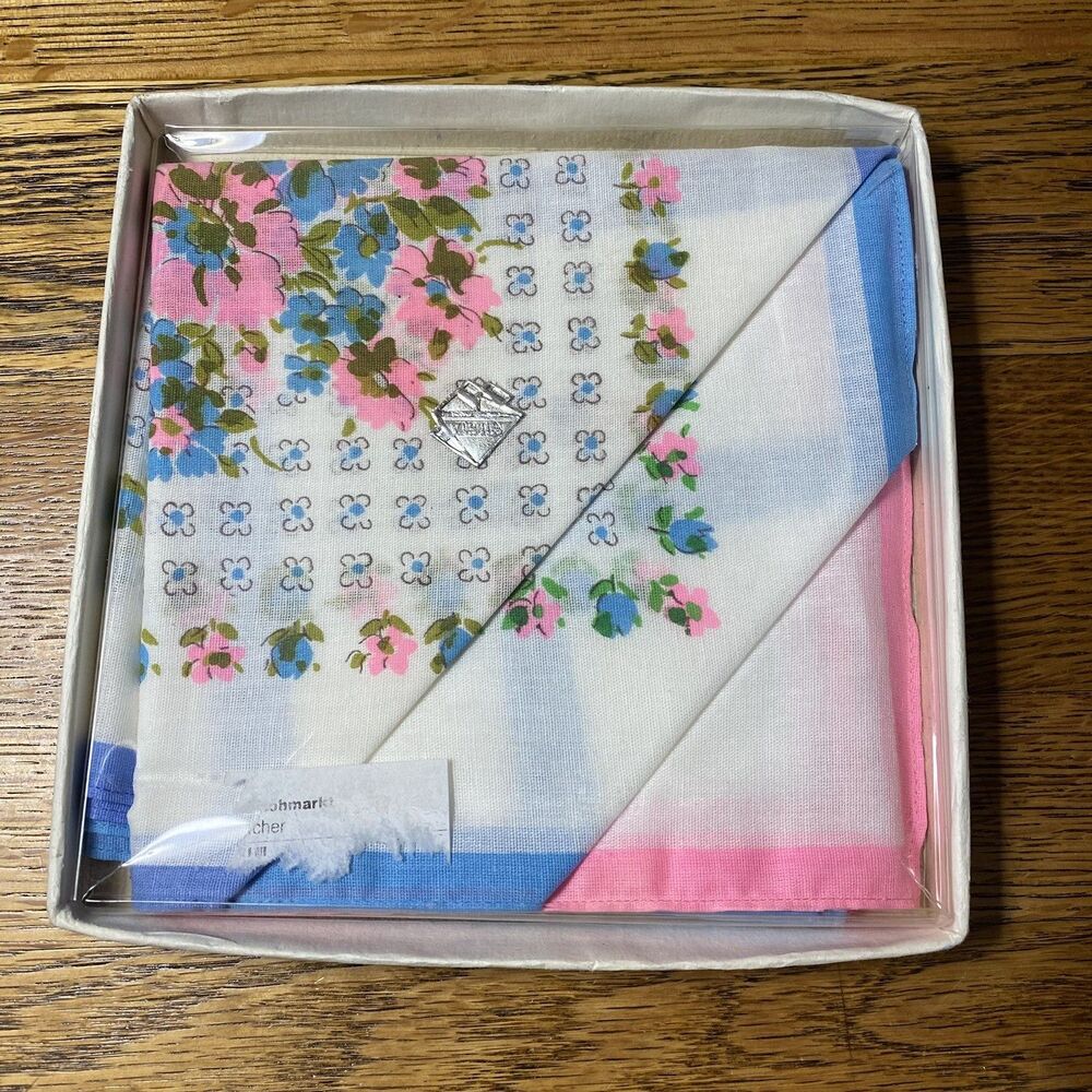 Vintage Set of 6 Handkerchiefs Blue Pink Floral NOS